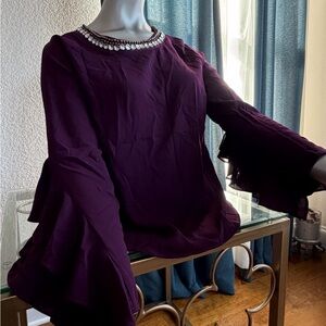 meraki Deep Plum Ruffle Sleeve Blouse with Jewel Collar